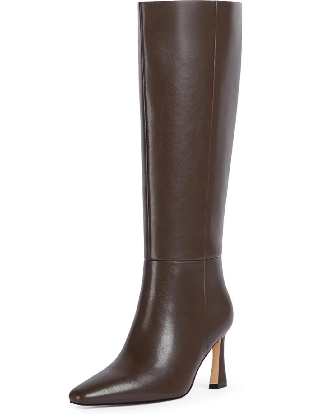 Women's Chocolate Faux Leather Square Toe Side Zipper Fashion Heeled Tall Boots